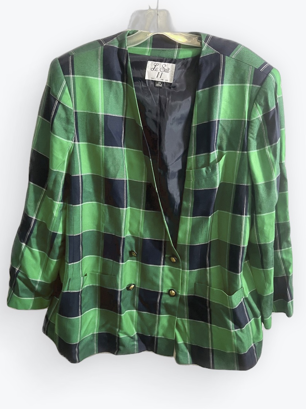 Vintage Le Suit II Plaid Blazer Jacket Women’s 24 Green Navy Oversized 90s